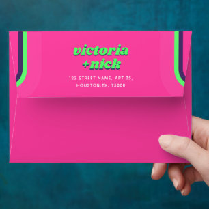 Hot Pink Groovy Retro   Lime Green Rainbow Wedding Envelope