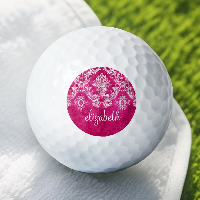 Hot Pink Grunge Damask Pattern Custom Monogram Golf Balls (Add Your Name to this Personalized Golf Ball)