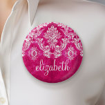 Hot Pink Grunge Damask Pattern Custom Text 2 Inch Round Button<br><div class="desc">A vintage pattern with a chalkboard and lace design. Look closely to the flowers and leaves.A trendy design with jewel tone colours and elegance. Items are easier to customize when you replace all text and photos first. If your art still needs to be adjusted, click on the Customize This button....</div>