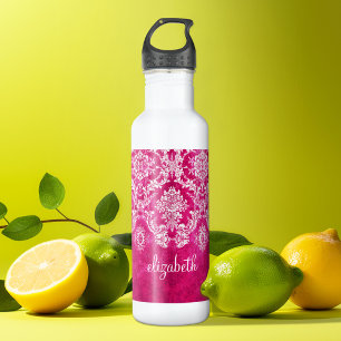 Hot Pink Grunge Damask Pattern Custom Text 710 Ml Water Bottle