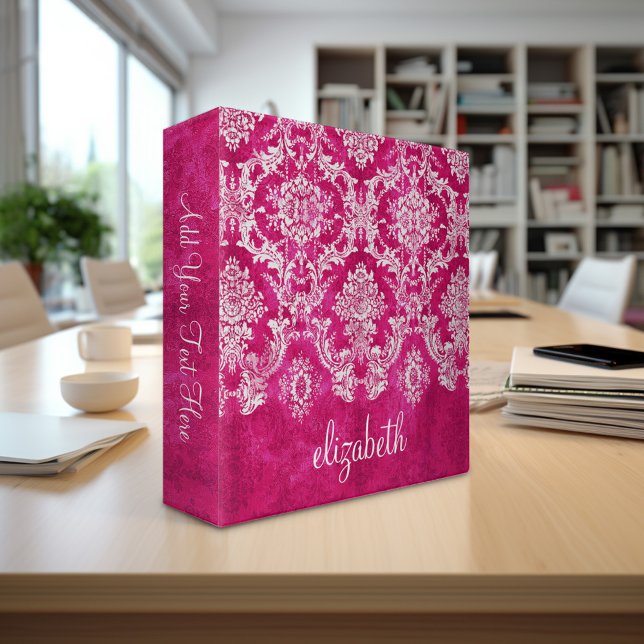 Hot Pink Grunge Damask Pattern Custom Text Binder (Personalized 3-Ring Binder - Add Your Name or Other Text - Customize Completely in the design studio)