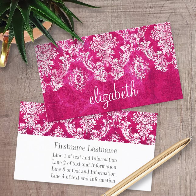 Hot Pink Grunge Damask Pattern Custom Text Business Card (Custom Printed Business Cards)