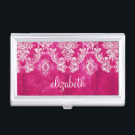 Hot Pink Grunge Damask Pattern Custom Text Business Card Holder<br><div class="desc">A vintage pattern with a chalkboard and lace design. Look closely to the flowers and leaves.A trendy design with jewel tone colours and elegance. Items are easier to customize when you replace all text and photos first. If your art still needs to be adjusted, click on the Customize This button....</div>