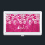 Hot Pink Grunge Damask Pattern Custom Text Business Card Holder<br><div class="desc">A vintage pattern with a chalkboard and lace design. Look closely to the flowers and leaves.A trendy design with jewel tone colours and elegance. Items are easier to customize when you replace all text and photos first. If your art still needs to be adjusted, click on the Customize This button....</div>