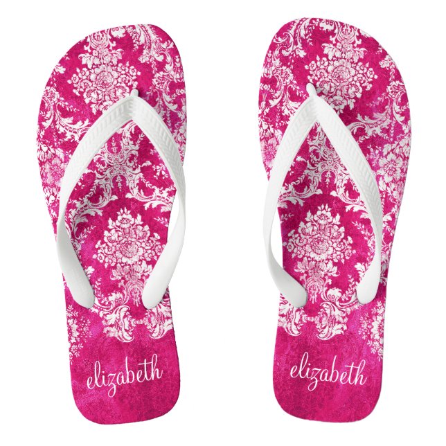 Hot Pink Grunge Damask Pattern Custom Text Flip Flops (Footbed)
