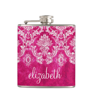 Hot Pink Grunge Damask Pattern Custom Text Hip Flask
