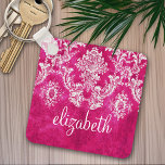 Hot Pink Grunge Damask Pattern Custom Text Keychain<br><div class="desc">A vintage pattern with a chalkboard and lace design. Look closely to the flowers and leaves.A trendy design with jewel tone colours and elegance. Items are easier to customize when you replace all text and photos first. If your art still needs to be adjusted, click on the Customize This button....</div>