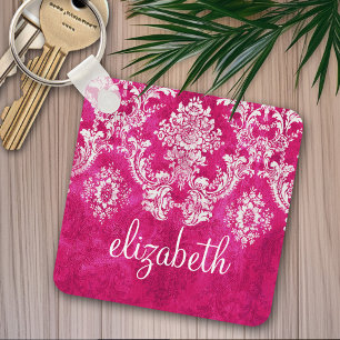 Hot Pink Grunge Damask Pattern Custom Text Keychain