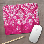 Hot Pink Grunge Damask Pattern Custom Text Mouse Pad<br><div class="desc">A vintage pattern with a chalkboard and lace design. Look closely to the flowers and leaves.A trendy design with jewel tone colors and elegance. Items are easier to customize when you replace all text and photos first. If your art still needs to be adjusted, click on the Customize This button....</div>