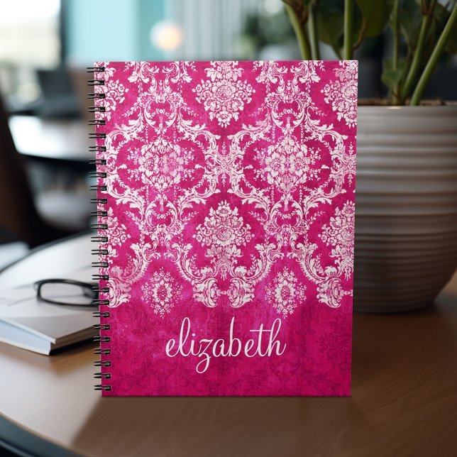 Hot Pink Grunge Damask Pattern Custom Text Notebook (Personalized notebook - add your name or other text)