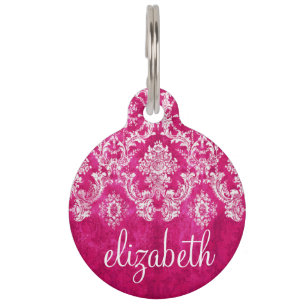Hot Pink Grunge Damask Pattern Custom Text Pet Tag