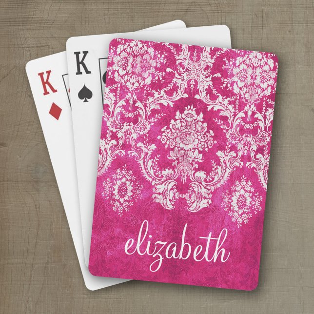 Hot Pink Grunge Damask Pattern Custom Text Playing Cards (Personalized playing cards with custom text)