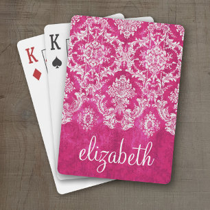 Hot Pink Grunge Damask Pattern Custom Text Playing Cards