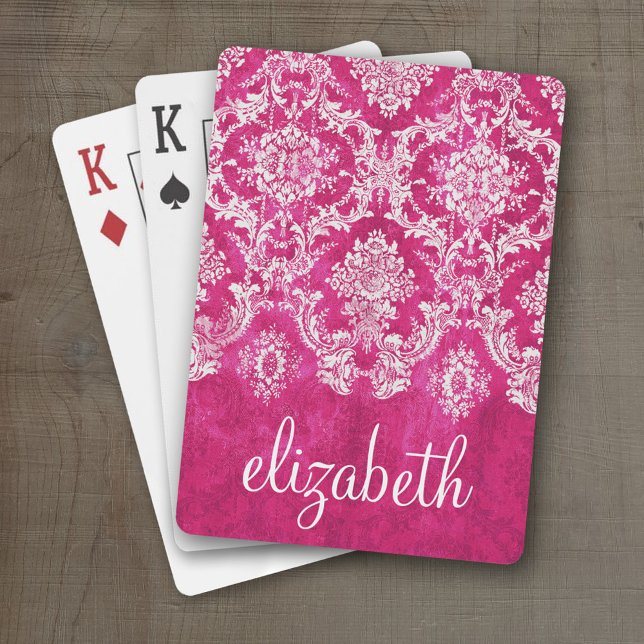 Hot Pink Grunge Damask Pattern Custom Text Playing Cards (Personalized Playing Cards)