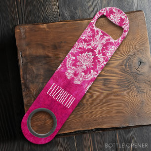 Hot Pink Grunge Damask Pattern Custom Text Speed Bottle Opener