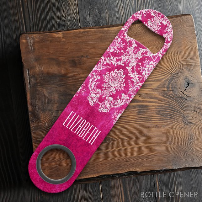 Hot Pink Grunge Damask Pattern Custom Text Speed Bottle Opener (Custom Bar Key)