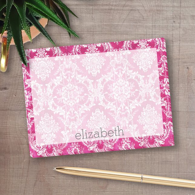 Hot Pink Grunge Damask Pattern Post-it Notes (Personalized Post-it notes - add your name and other text)