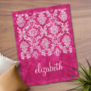 Hot Pink Grunge Damask Pattern Script Name Fleece Blanket