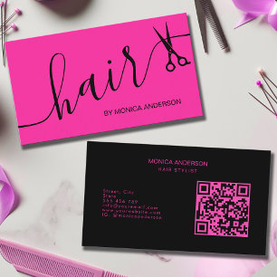 Hot Pink Hair Script Stylist Scissors QR Code Business Card