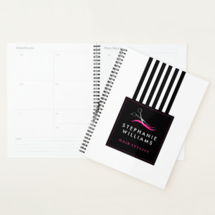 Hot Pink Hair Stylist Scissors and Black Stripes Planner
