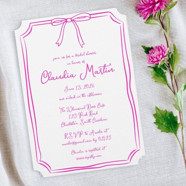 Hot Pink Hand Drawn Bow Bridal Shower Invitation (Beautiful Bridal Shower Invitation)