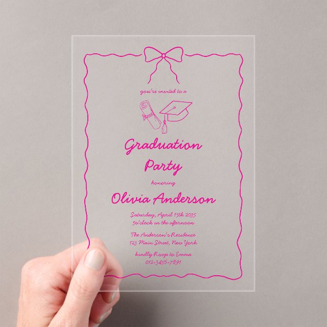 Hot Pink Hand-Drawn Bow Squiggle Graduation Party Acrylic Invitations (Insitu (Handheld))