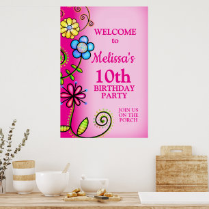 Hot Pink Hand-drawn Wildflowers Poster