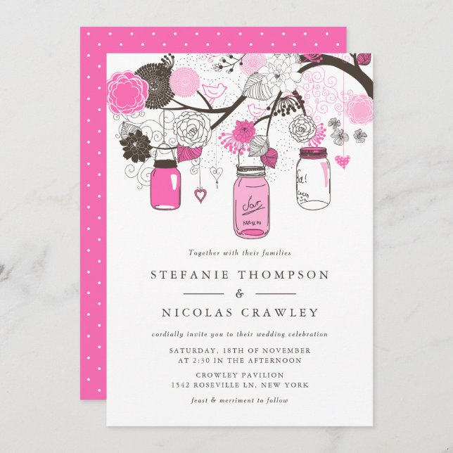 Hot Pink Hanging Mason Jars Wedding Invitation (Front/Back)