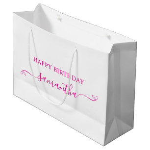 Hot Pink Happy Birthday Cute Bow Signature Name Large Gift Bag