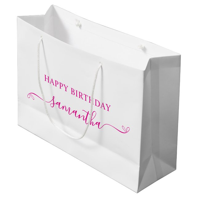 Hot Pink Happy Birthday Cute Bow Signature Name Large Gift Bag (Front Angled)
