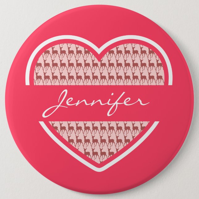 Hot Pink Heart Deer Pattern Personalized Name 6 Inch Round Button (Front)