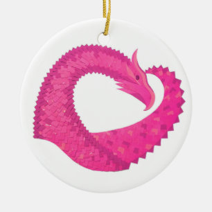 Hot pink heart dragon on white ceramic ornament