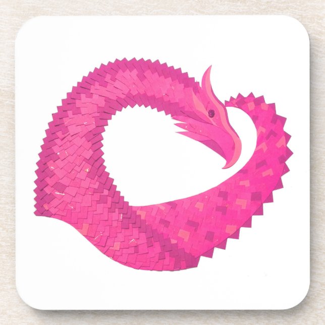 Hot pink heart dragon on white coaster (Front)