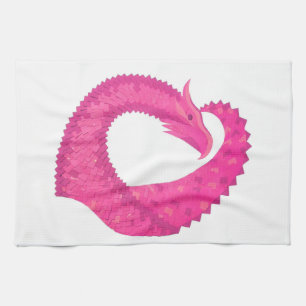 Hot pink heart dragon on white kitchen towel