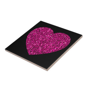 Hot pink heart faux glitter sparkles on black tile