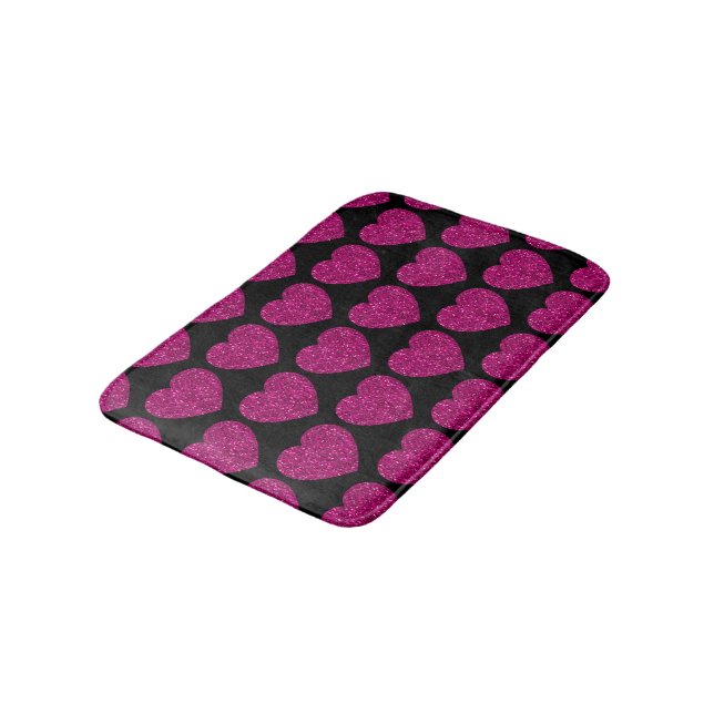 Hot pink heart faux glitter sparkles pattern black bath mat (Angled)