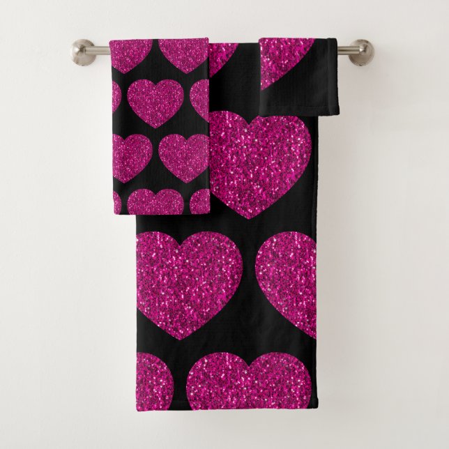 Hot pink heart faux glitter sparkles pattern black bath towel set (Insitu)