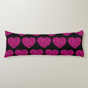 Hot pink heart faux glitter sparkles pattern black body pillow