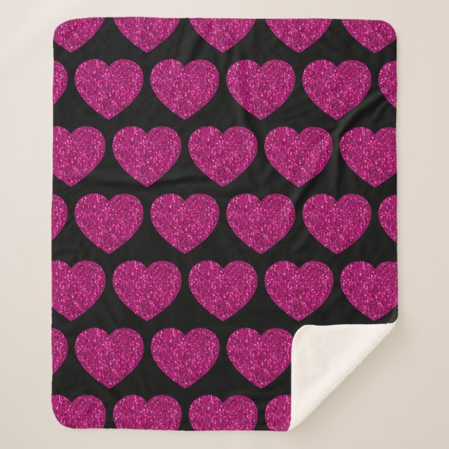 Hot pink heart faux glitter sparkles pattern black sherpa blanket (Front)
