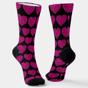 Hot pink heart faux glitter sparkles pattern black socks