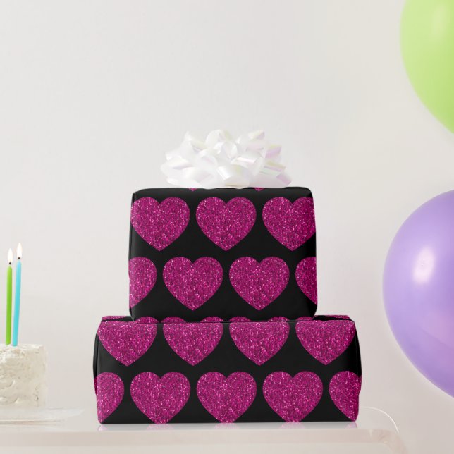 Hot pink heart faux glitter sparkles pattern black wrapping paper (Party Gifts)