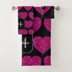 Hot pink heart faux sparkles pattern Monogram Bath Towel Set