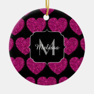 Hot pink heart faux sparkles pattern Monogram Ceramic Ornament