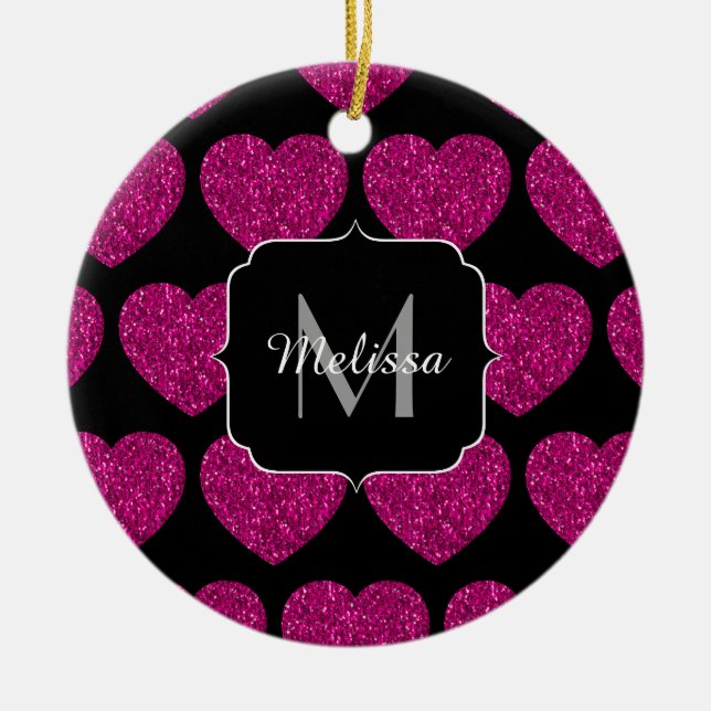 Hot pink heart faux sparkles pattern Monogram Ceramic Ornament (Front)