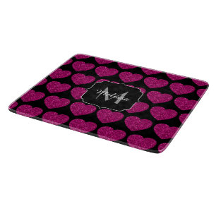 Hot pink heart faux sparkles pattern Monogram Cutting Board
