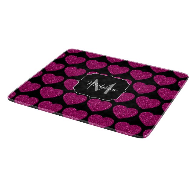 Hot pink heart faux sparkles pattern Monogram Cutting Board (Corner)