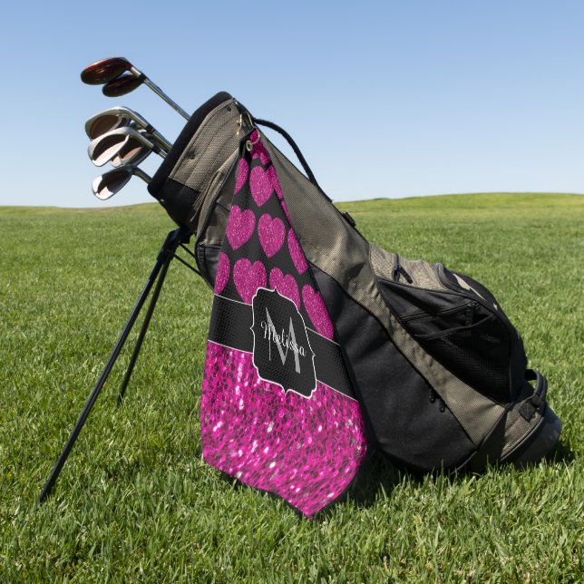 Hot pink heart faux sparkles pattern Monogram Golf Towel (Green)