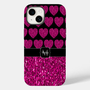Hot pink heart faux sparkles pattern Monogram iPhone 14 Case