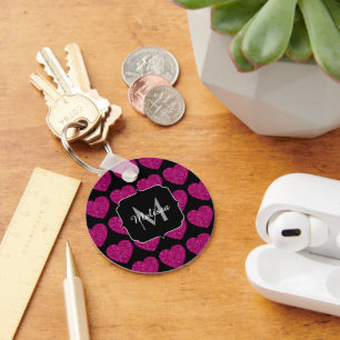 Hot pink heart faux sparkles pattern Monogram Keychain