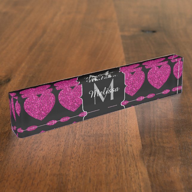 Hot pink heart faux sparkles pattern Monogram Nameplate (Side)